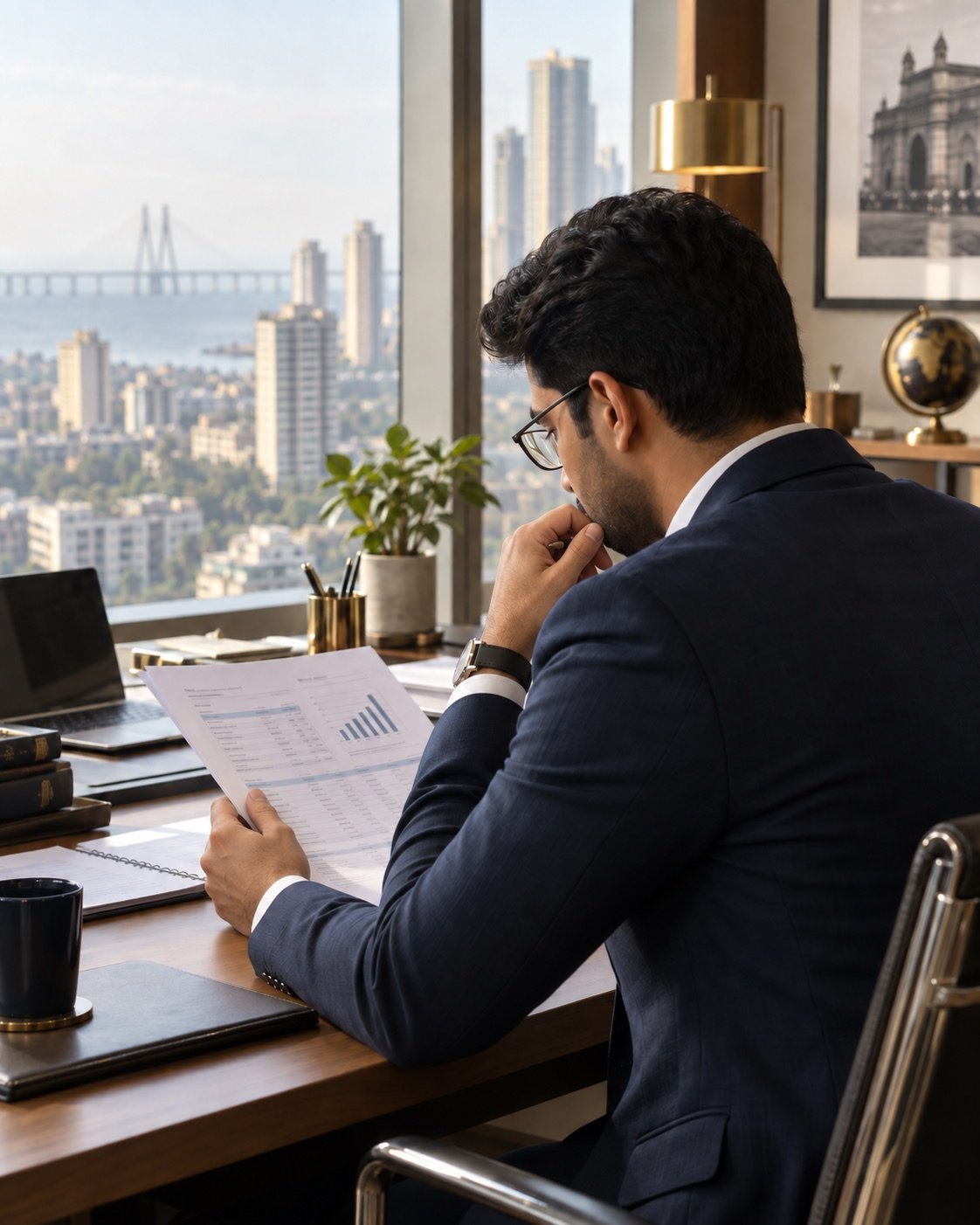 Finance professional reviewing business information in a Mumbai office